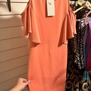 Medium peach colored dress with cold shoulder sleeves and ruffles